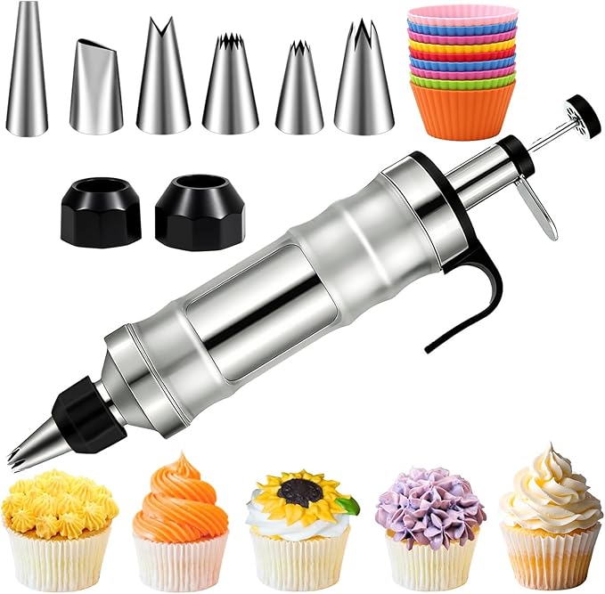 Professional Cake Decorating Syringe Set, Stainless Steel Frosting Piping Kit (6 Tips) – Complete Cupcake & Dessert Decorating Tools