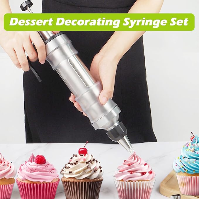 Professional Cake Decorating Syringe Set, Stainless Steel Frosting Piping Kit (6 Tips) – Complete Cupcake & Dessert Decorating Tools