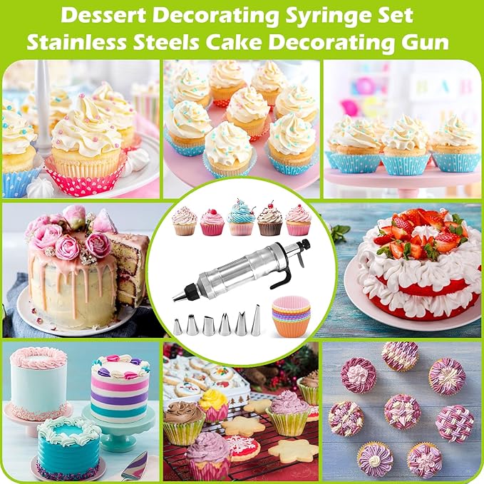 Professional Cake Decorating Syringe Set, Stainless Steel Frosting Piping Kit (6 Tips) – Complete Cupcake & Dessert Decorating Tools
